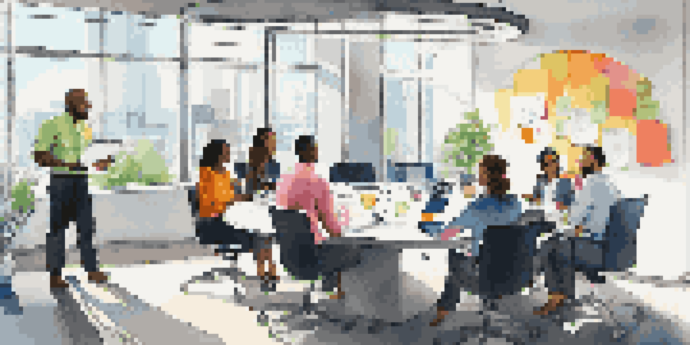 A diverse group of professionals collaborating in a brightly lit modern office, surrounded by laptops and colorful notes.
