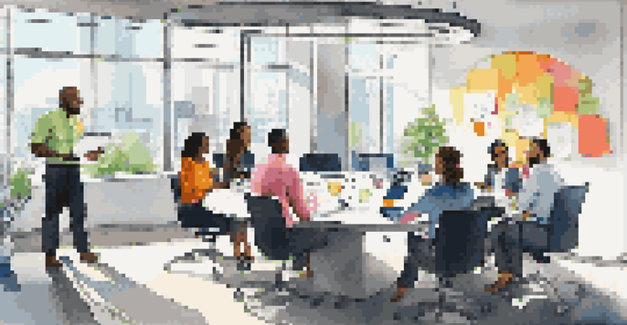 A diverse group of professionals collaborating in a brightly lit modern office, surrounded by laptops and colorful notes.