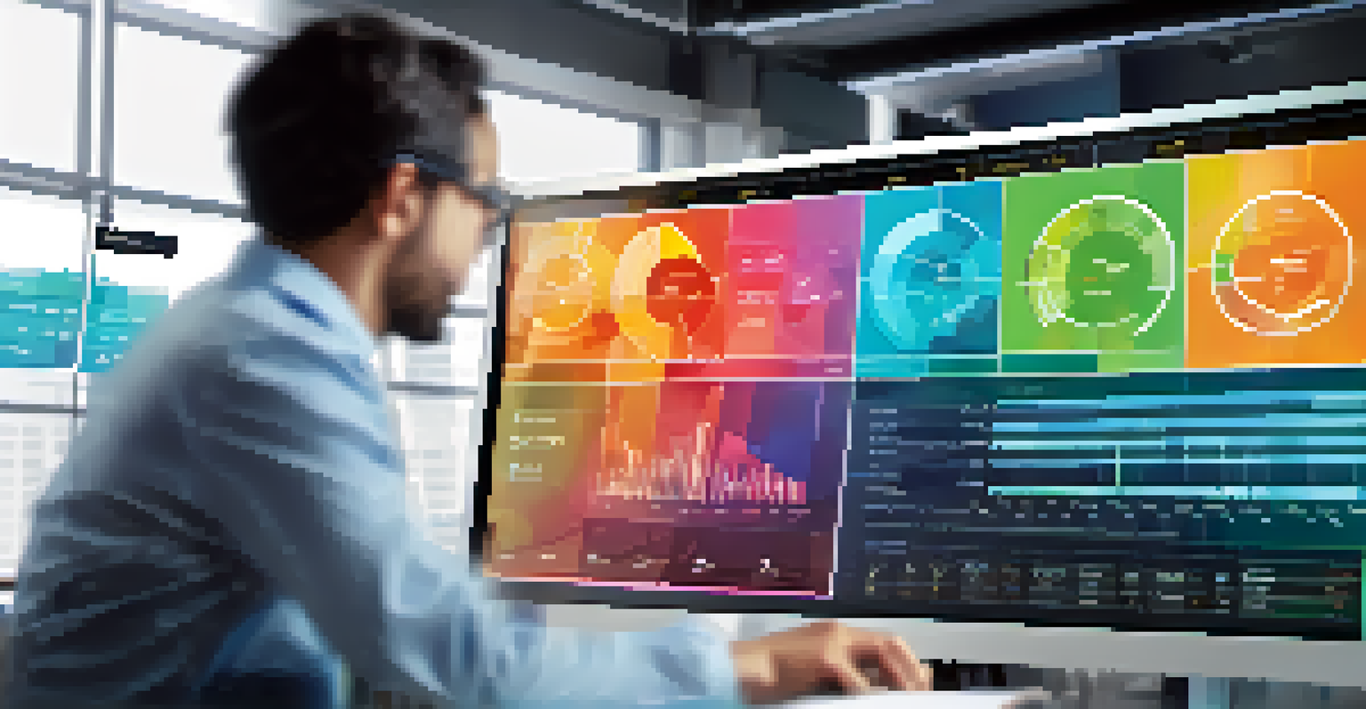 A close-up of a person analyzing customer data on a digital dashboard with colorful graphs and charts.