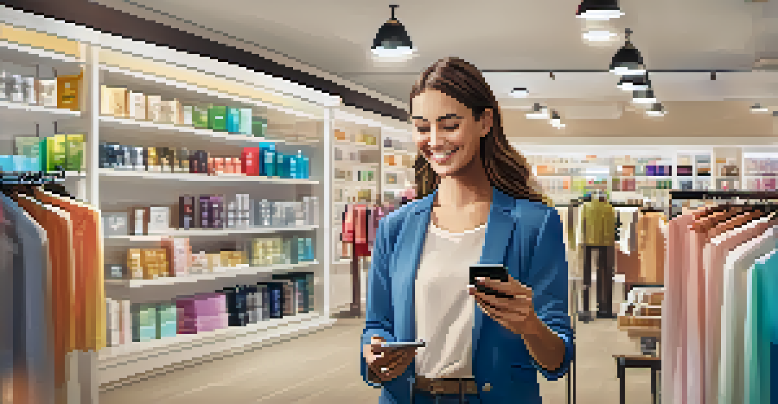 A smiling customer looking at a personalized shopping recommendation on their smartphone in a bright retail store.