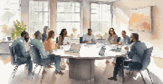 A diverse group of professionals in a bright meeting room, collaborating and showing empathy towards each other.