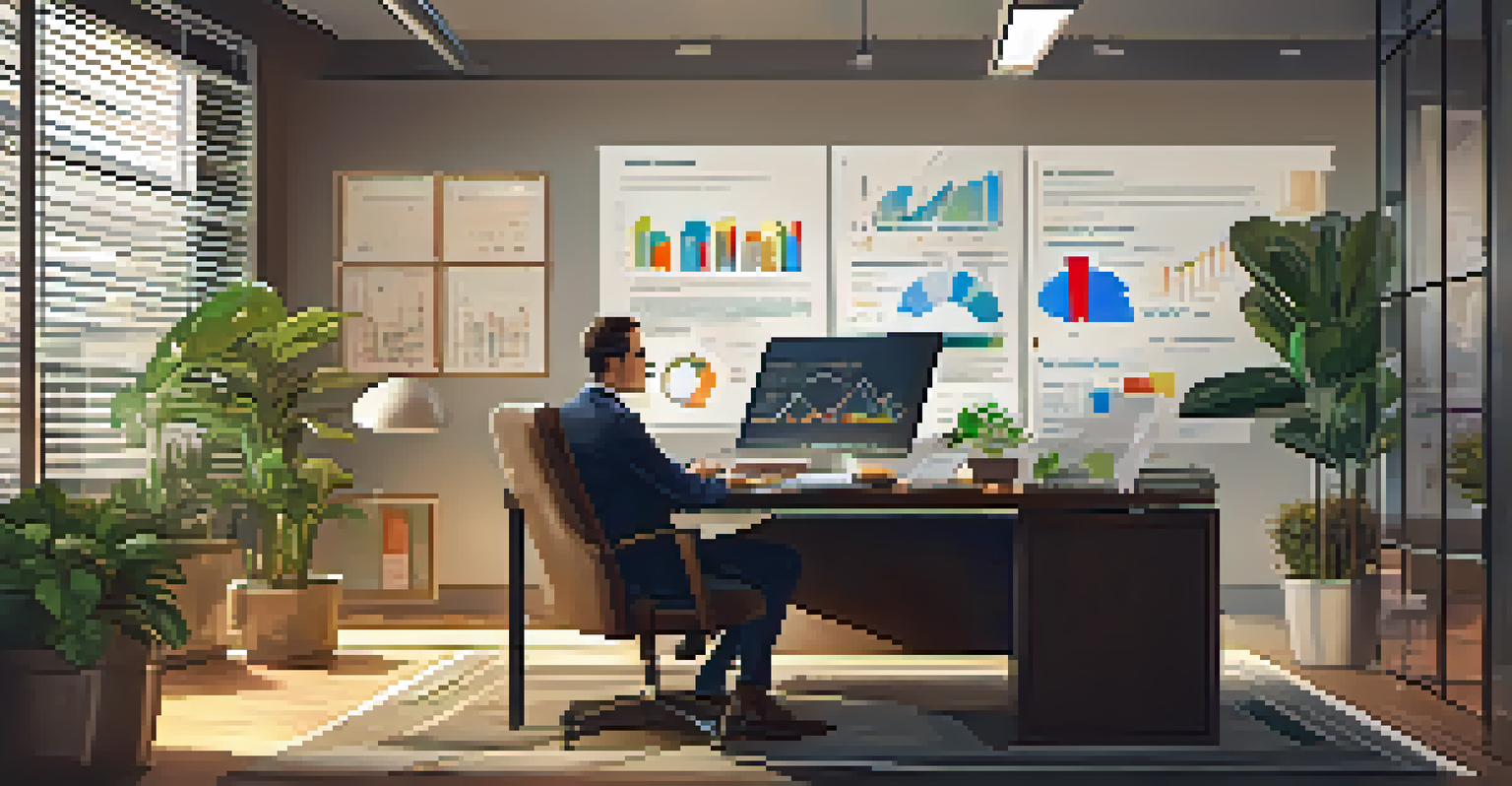 An executive at a stylish desk reviewing financial reports on a laptop, surrounded by charts and graphs in a well-decorated office.
