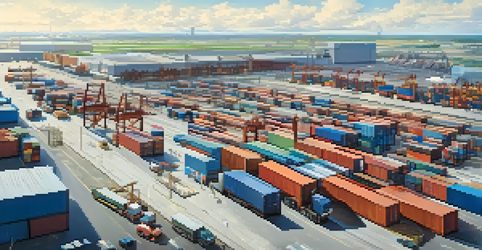 An aerial view of a logistics hub with trucks and shipping containers under a clear blue sky, showing organized activity.