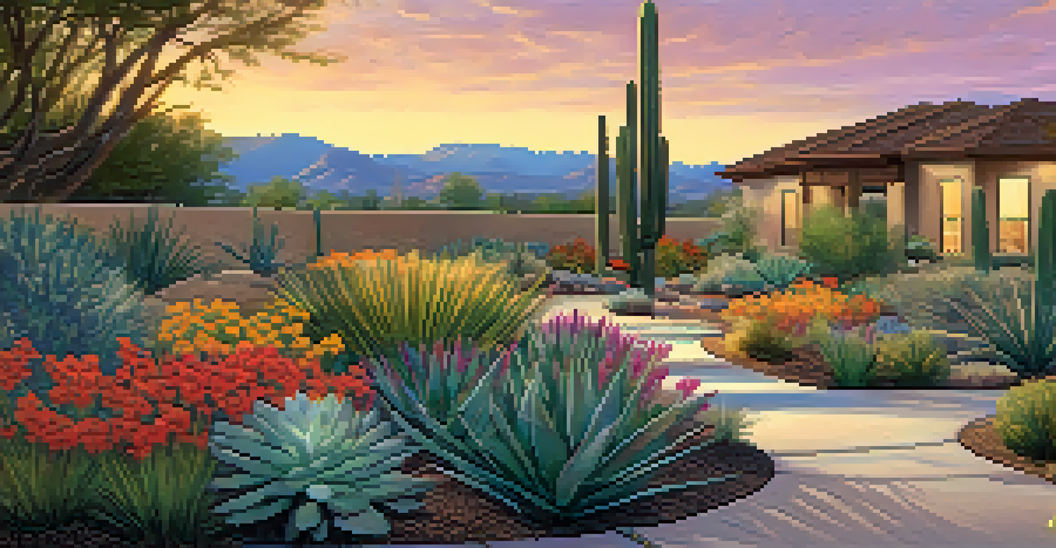 A colorful xeriscaped garden with drought-resistant plants and a drip irrigation system during sunset.