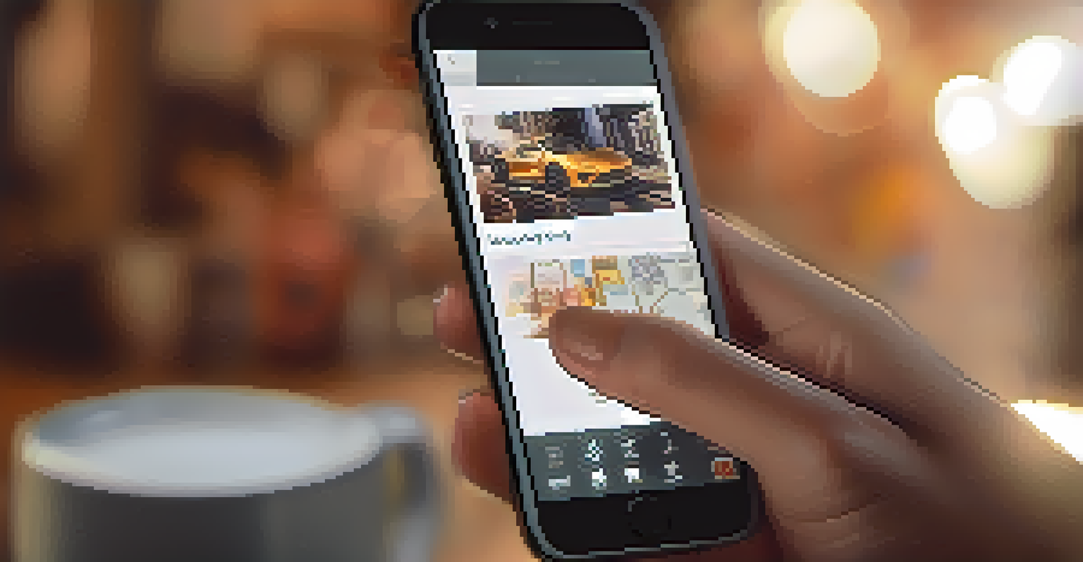 A hand holding a smartphone displaying a crowdfunding video, with a creative workspace in the background.