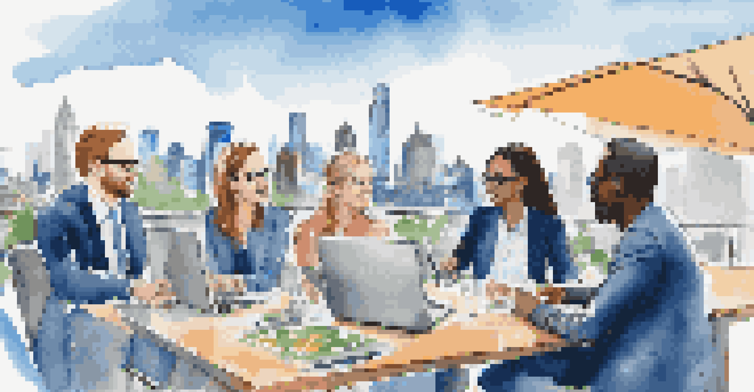 A diverse group of professionals in a lively outdoor meeting with laptops and notebooks against a city skyline.