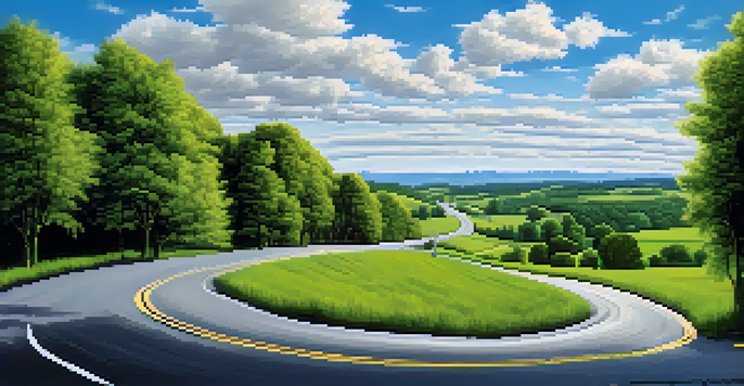 A winding road through a green countryside with trees and a car driving under a blue sky.