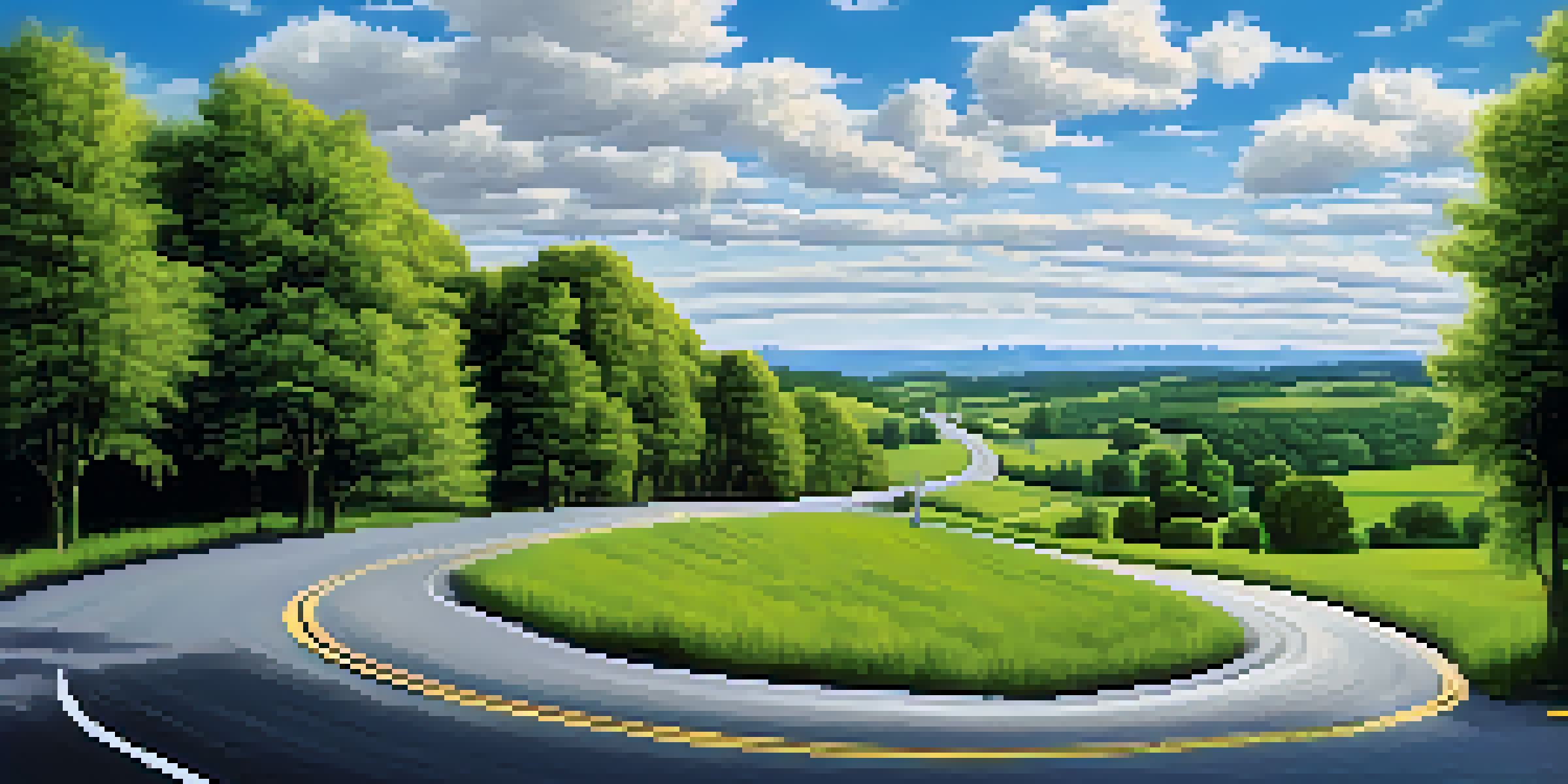 A winding road through a green countryside with trees and a car driving under a blue sky.