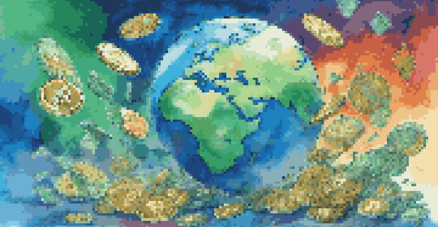 An illustration of cryptocurrency symbols flying around a globe, representing fast international transactions in e-commerce.