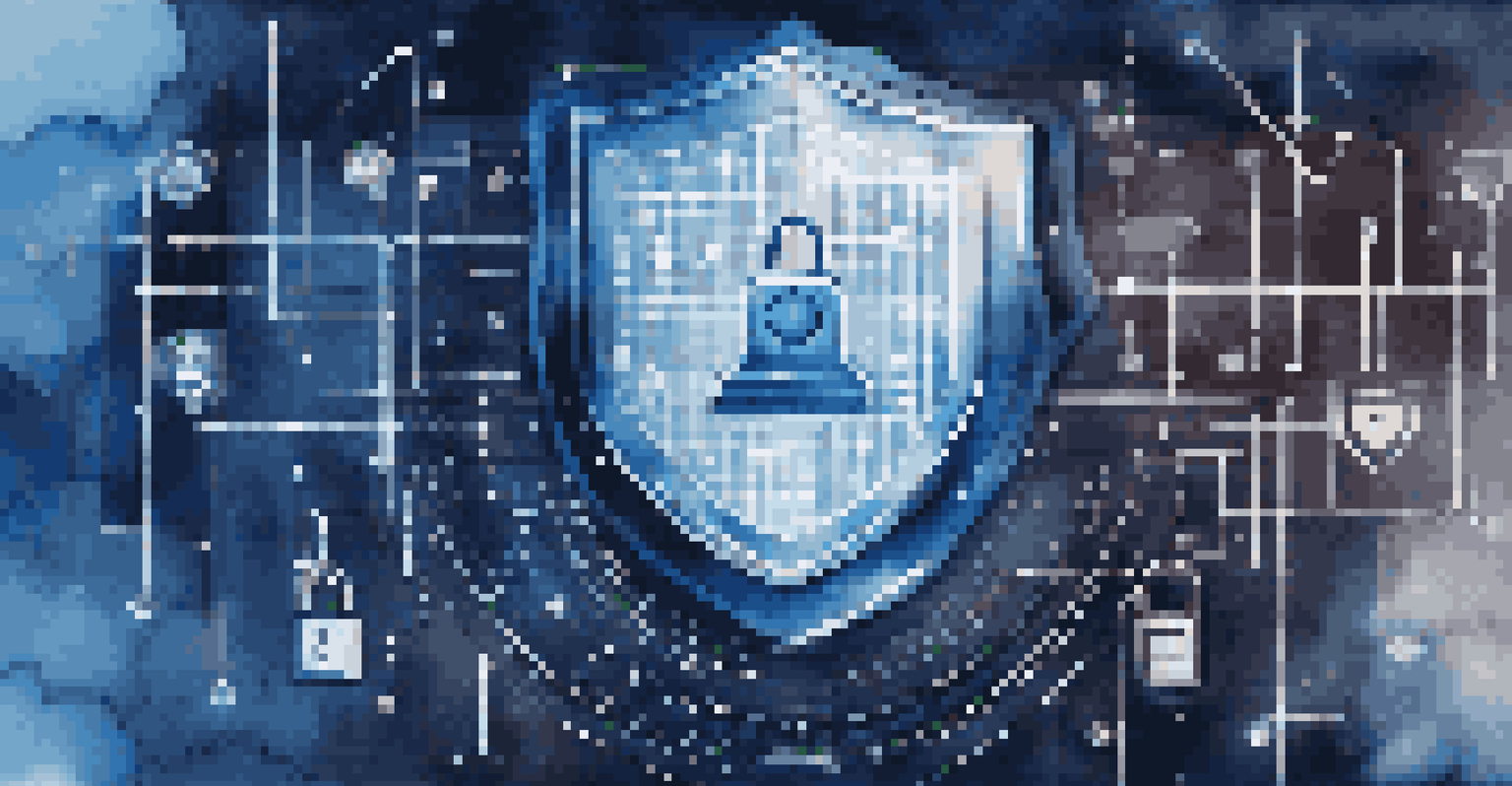 An abstract cloud icon with digital locks and shield symbols, representing data security, with binary code in the background.