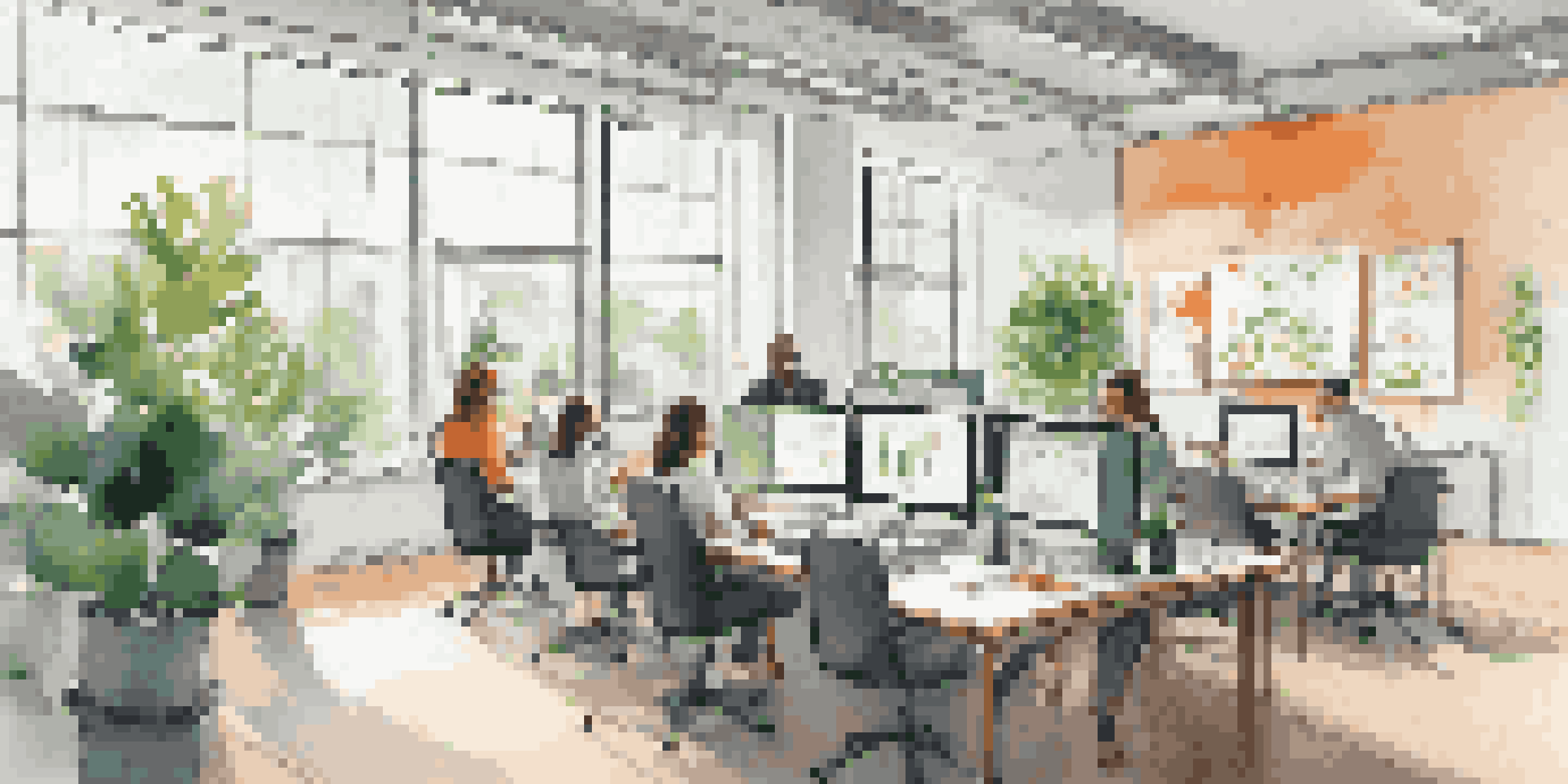 A bright modern office with a diverse team collaborating around a large table, discussing CRM strategies with laptops and colorful notes.