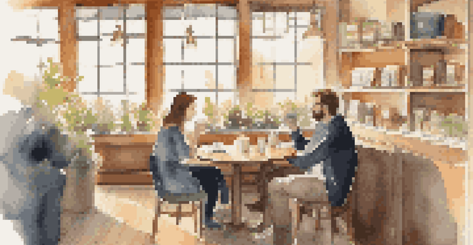 Two introverted individuals having a deep conversation in a cozy coffee shop, with soft sunlight filtering through the window.