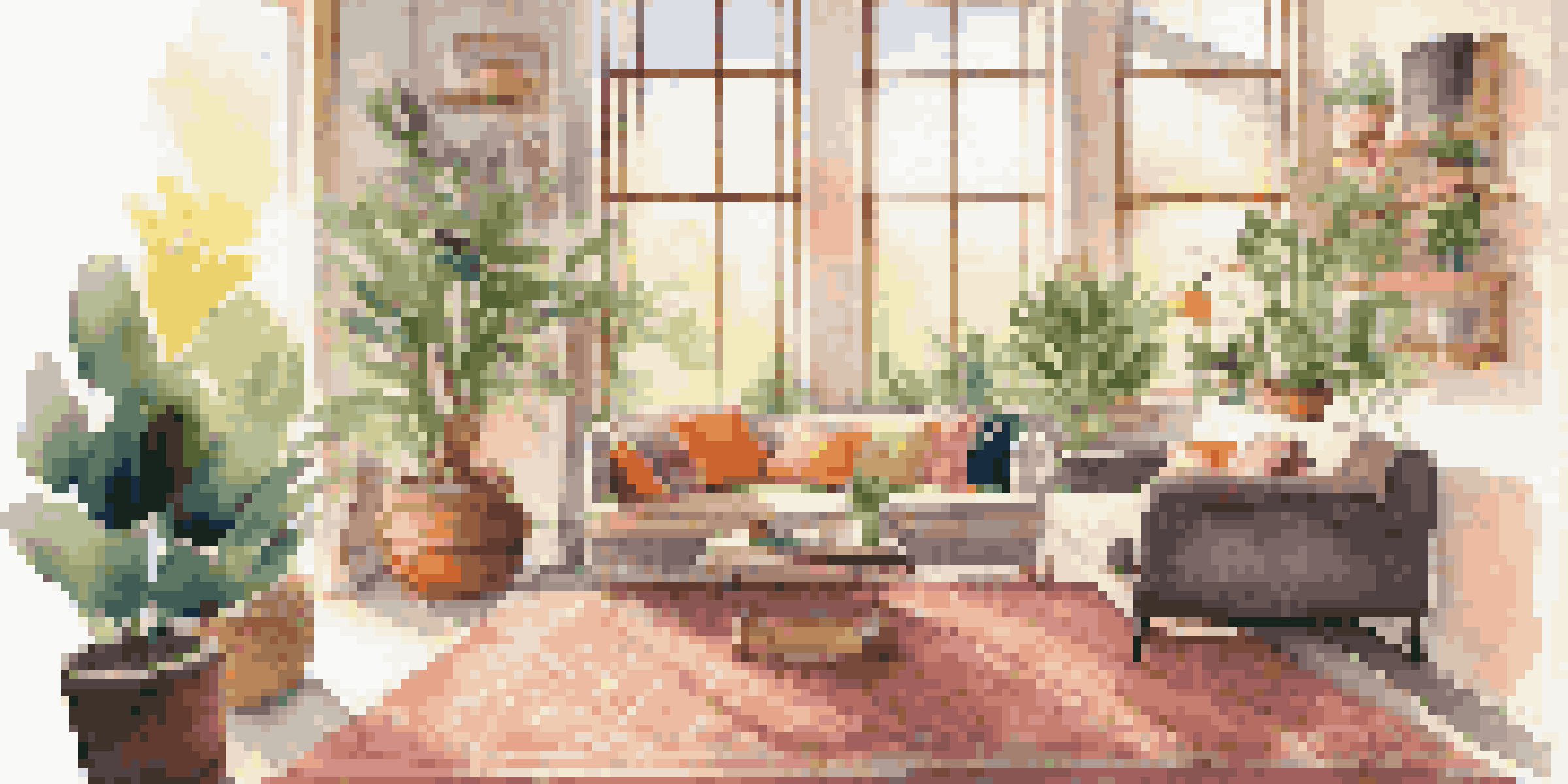 A modern living room with a sofa by a sunny window, decorated with plants and cushions.