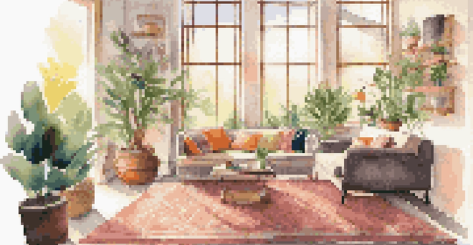 A modern living room with a sofa by a sunny window, decorated with plants and cushions.