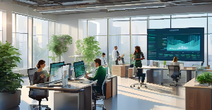 A diverse group of employees collaborating in a bright office space with a digital screen showing data analytics.