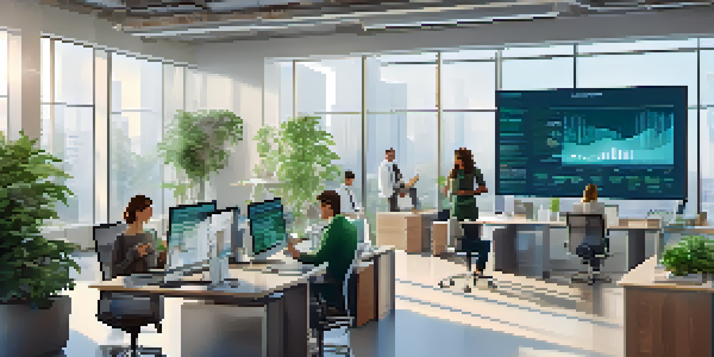 A diverse group of employees collaborating in a bright office space with a digital screen showing data analytics.