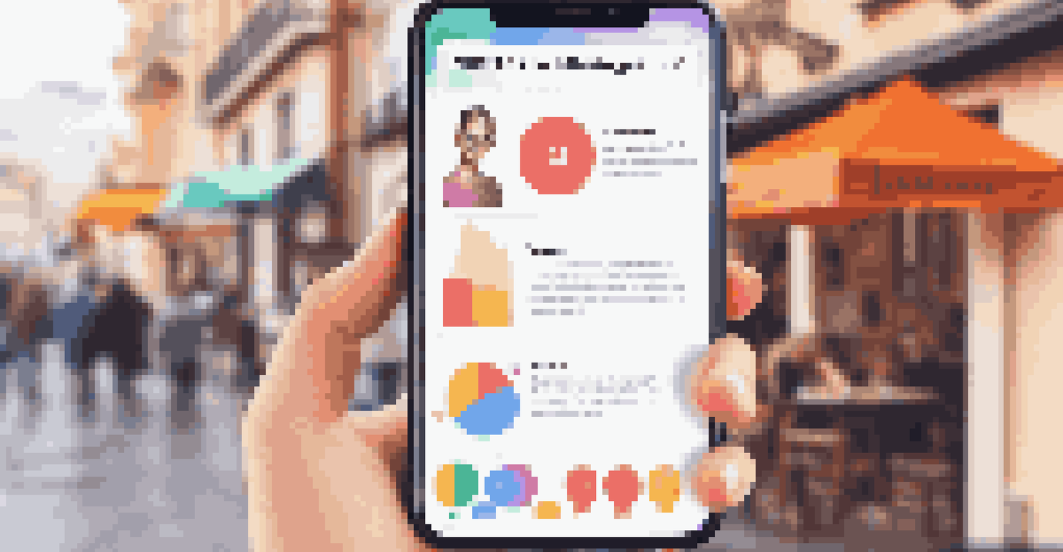 A close-up view of a smartphone with an influencer marketing app interface, set against a blurred café background.