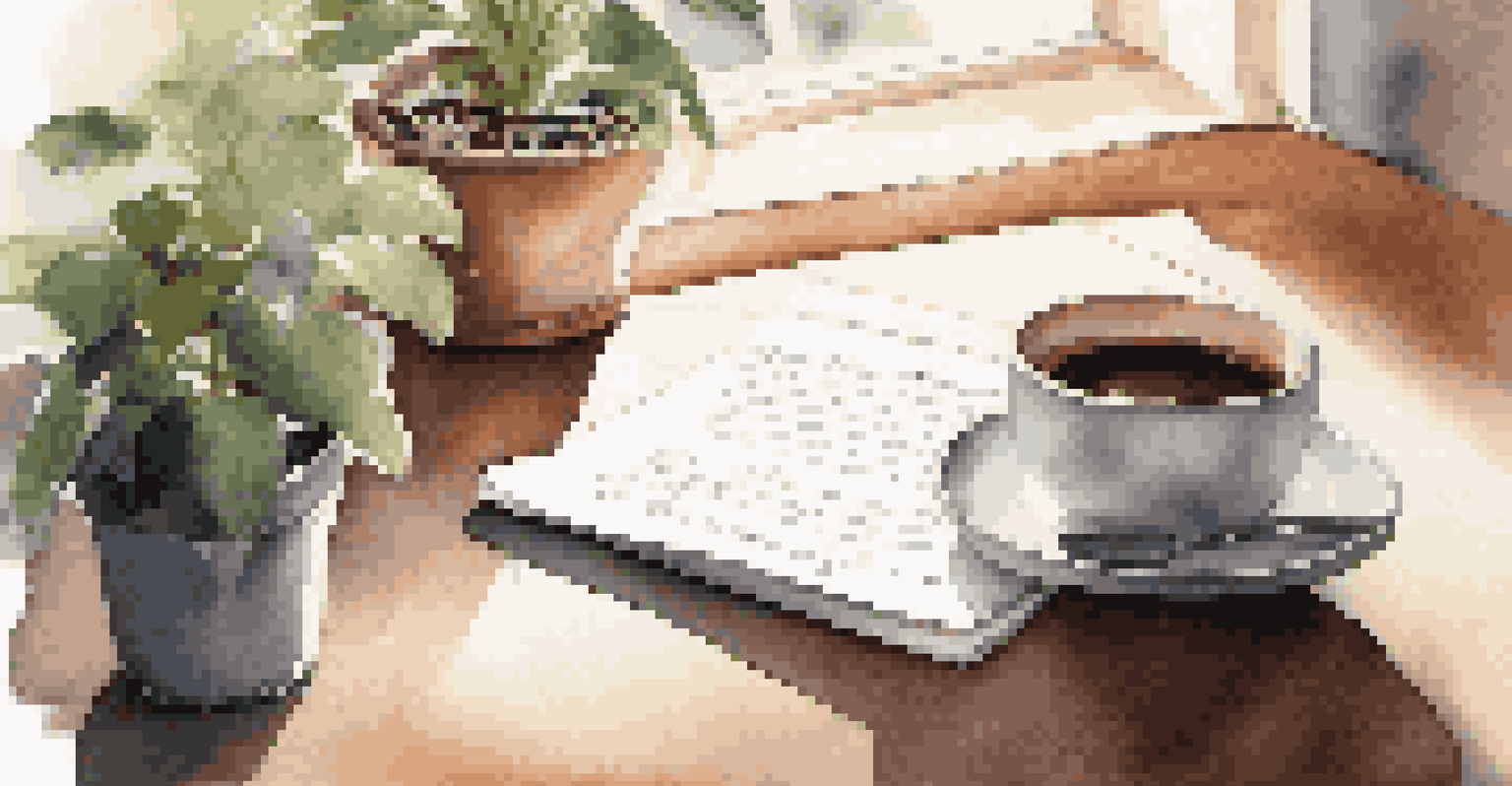 A hand writing a thank-you note on a desk with a plant and coffee cup, bathed in soft sunlight.