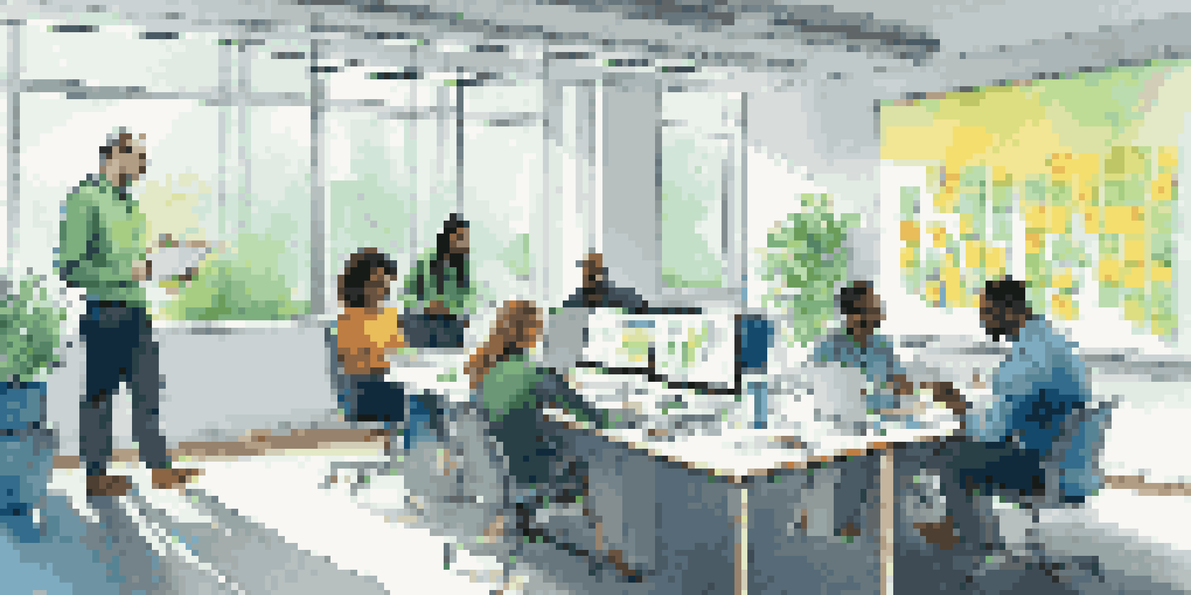 A diverse group of professionals in a modern office collaborating around a whiteboard covered with sticky notes, illuminated by natural light.