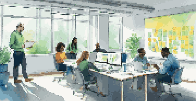 A diverse group of professionals in a modern office collaborating around a whiteboard covered with sticky notes, illuminated by natural light.