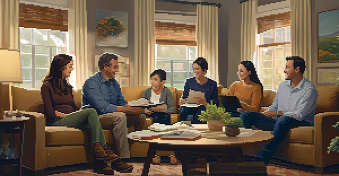 A family gathering in a cozy living room discussing succession planning with warm lighting and family photos.