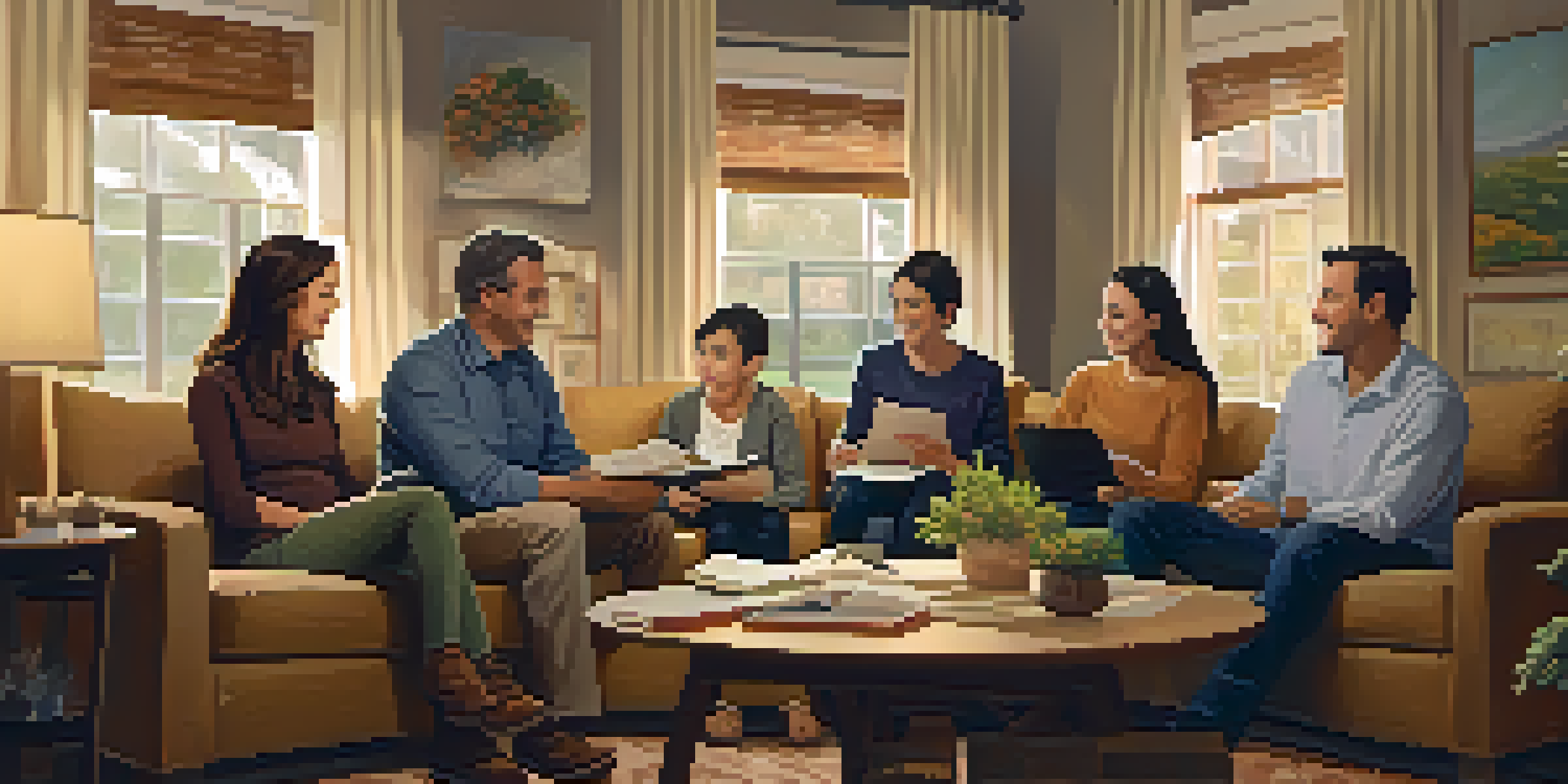 A family gathering in a cozy living room discussing succession planning with warm lighting and family photos.