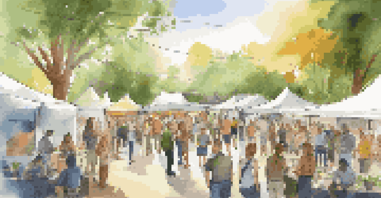 A community event featuring networking among startup teams in an outdoor setting, with tents and banners surrounded by greenery.