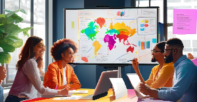 A diverse team brainstorming around a digital whiteboard with sticky notes and markers in a well-lit room.