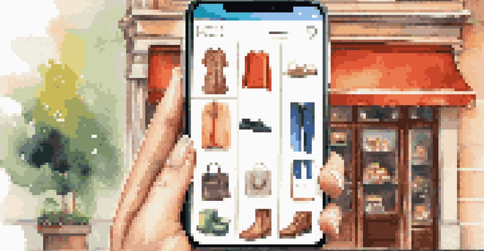 A close-up view of a smartphone held in a user's hand, showing a colorful mobile e-commerce app with different products, set in a bright café environment.