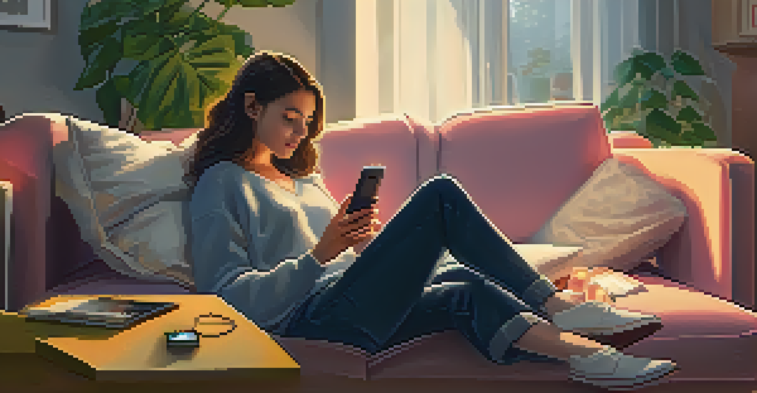 A young woman sitting on a sofa using her smartphone for online shopping, surrounded by shopping bags and a laptop in a cozy living room.