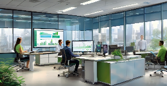 A diverse team in a bright office engaged in a training session about automation tools, with digital screens and charts visible.