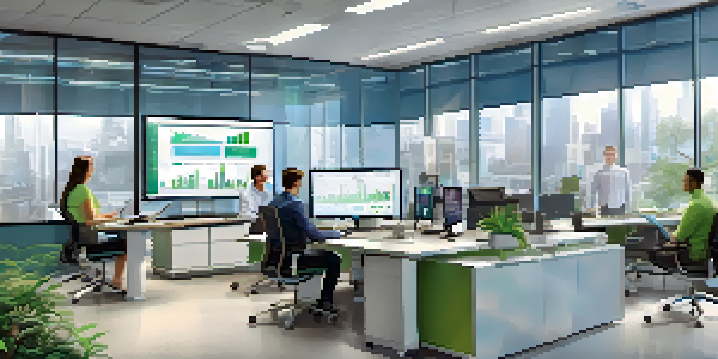 A diverse team in a bright office engaged in a training session about automation tools, with digital screens and charts visible.