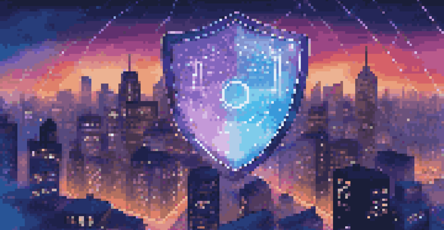 A glowing digital shield representing online reputation management, set against a vibrant cityscape.
