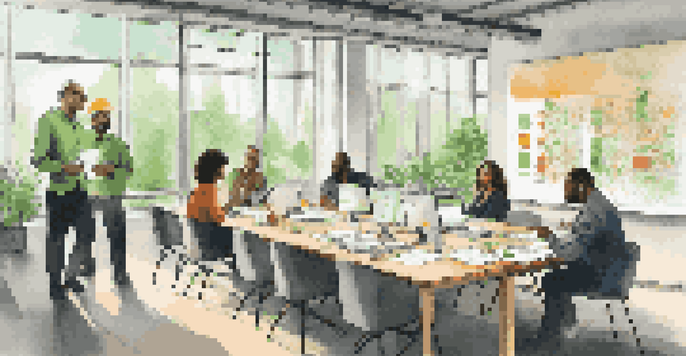 A diverse group of professionals discussing ethical supply chain practices in a modern office with sustainability reports and diagrams on the table.