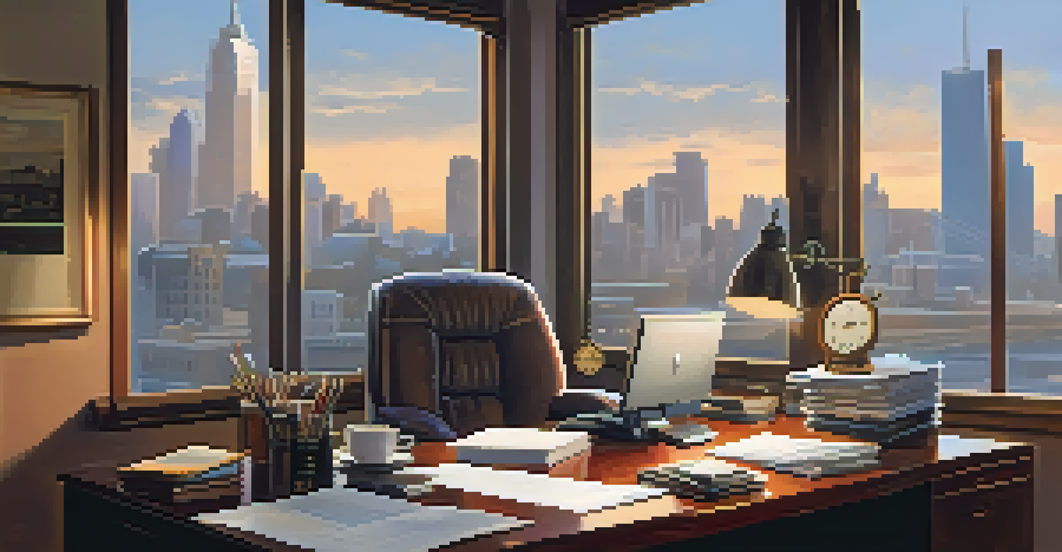 A cozy office space with a desk cluttered with financial reports and a laptop.