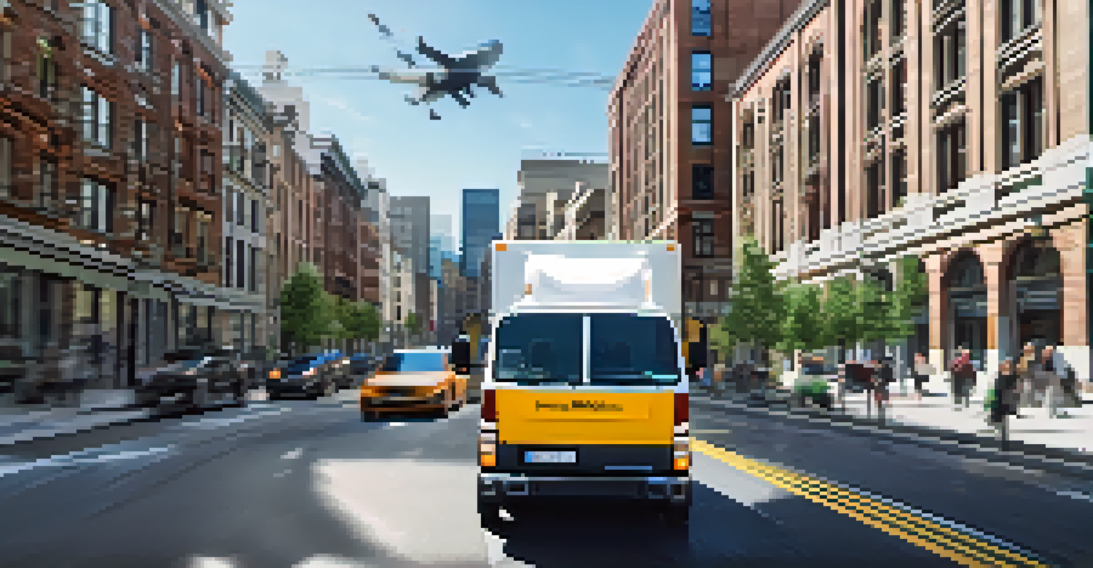 A delivery truck on a city street, utilizing AI navigation tools with a digital map overlay.