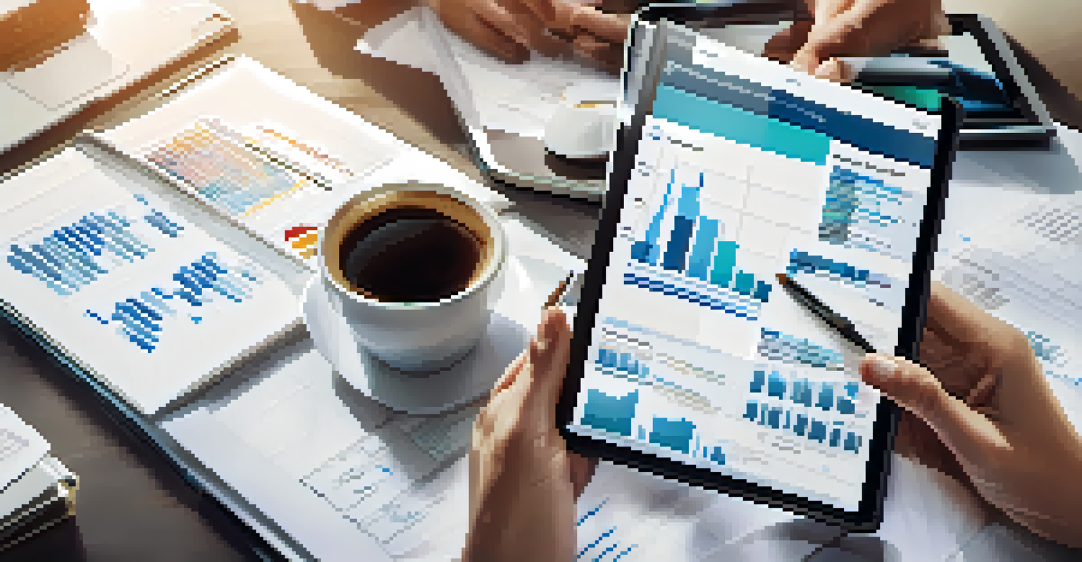 A business leader's hands holding a coffee cup, reviewing a report on a tablet in a lively office with colleagues in the background.
