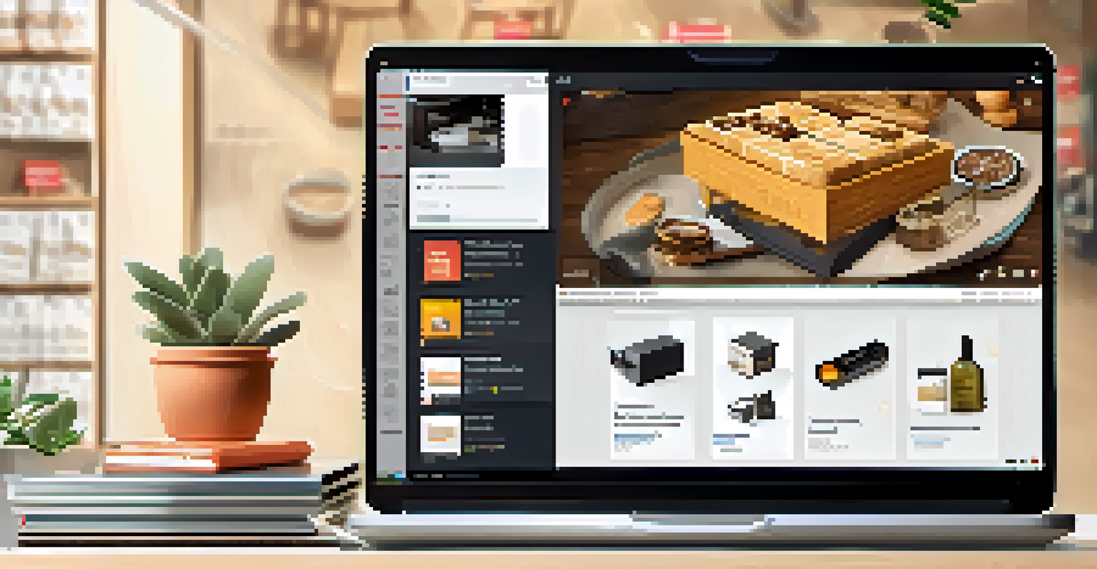 An e-commerce workspace with a laptop displaying product recommendations and customer feedback on the wall.