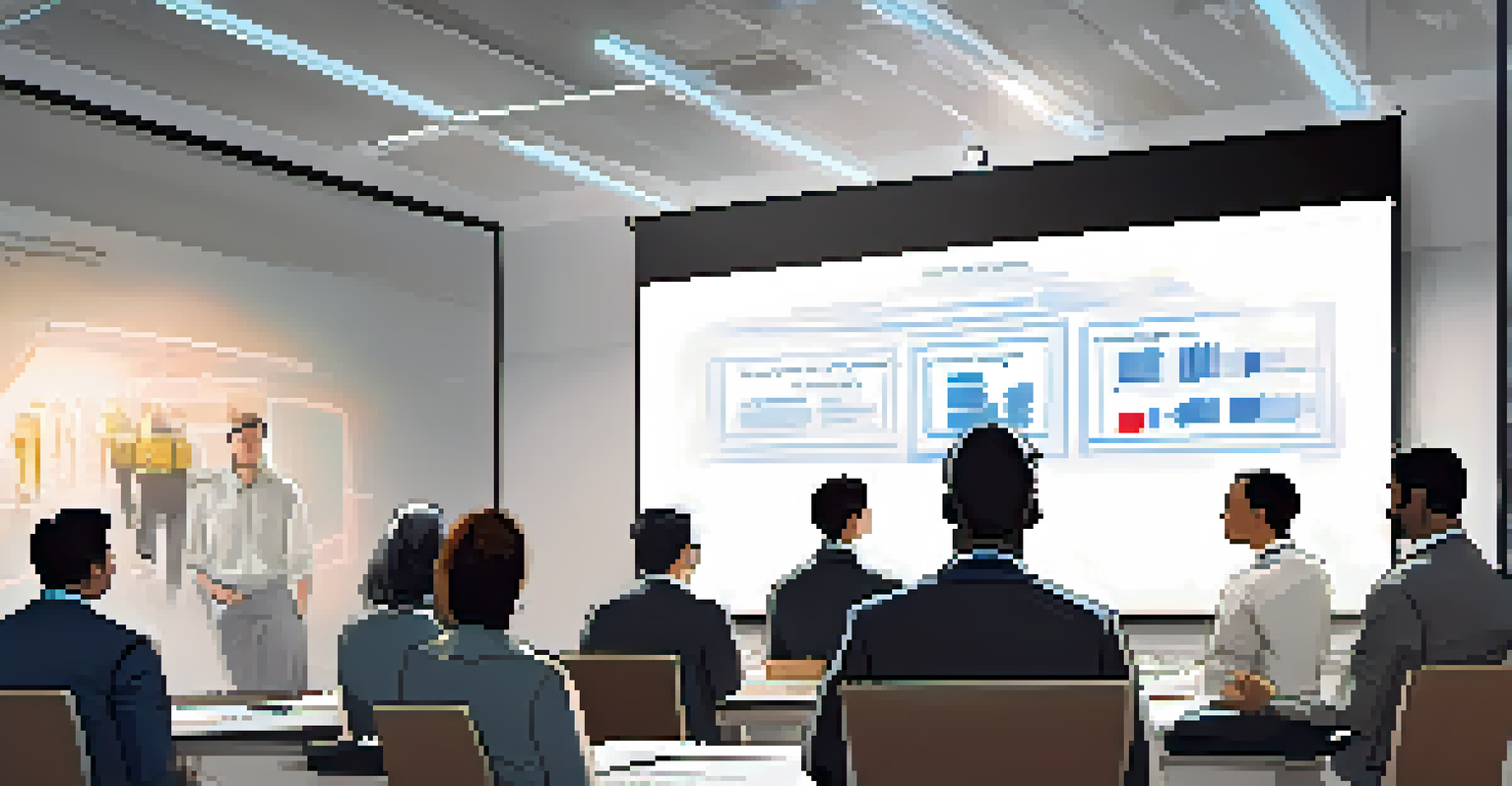 A sales manager leading a training session with employees focused on a presentation.