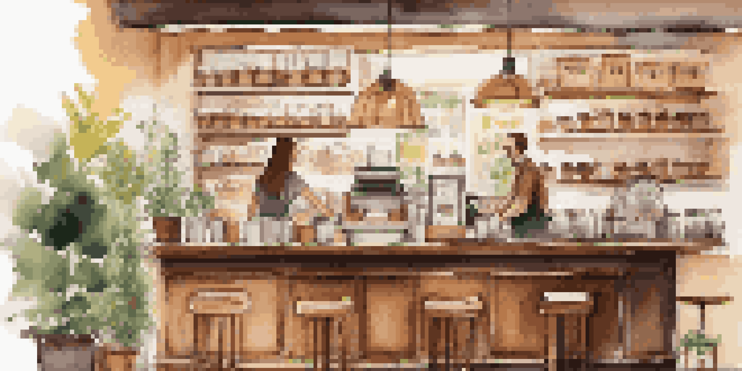 A warm and inviting coffee shop interior with a barista serving a customer, shelves of coffee beans, and soft lighting.