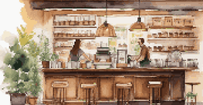 A warm and inviting coffee shop interior with a barista serving a customer, shelves of coffee beans, and soft lighting.