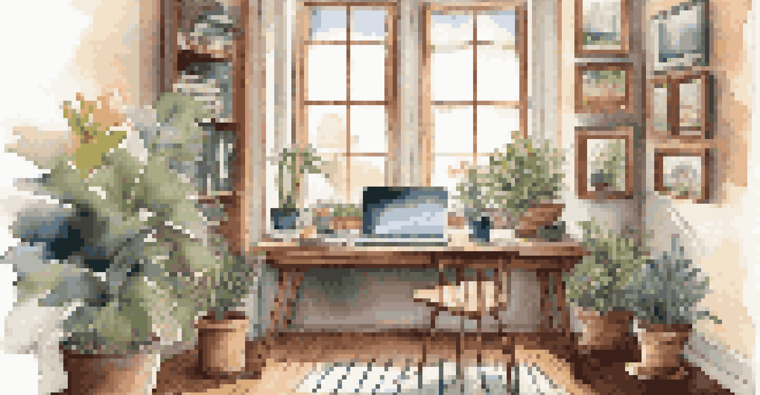 A stylish home office with a wooden desk, laptop, coffee cup, and bright natural light coming through a large window.