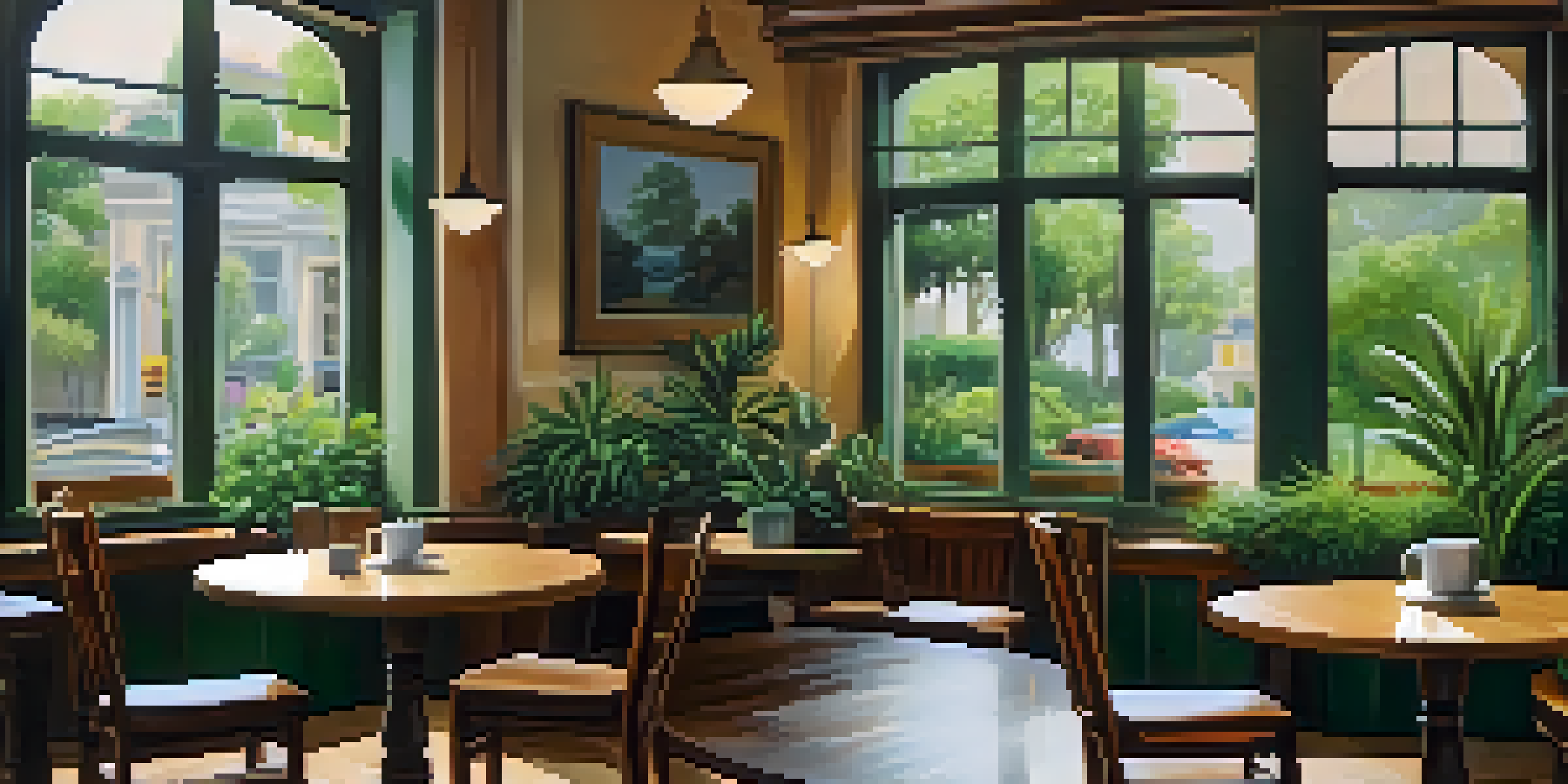 A cozy coffee shop with wooden furniture and soft lighting, featuring a round table with coffee cups and a notepad.