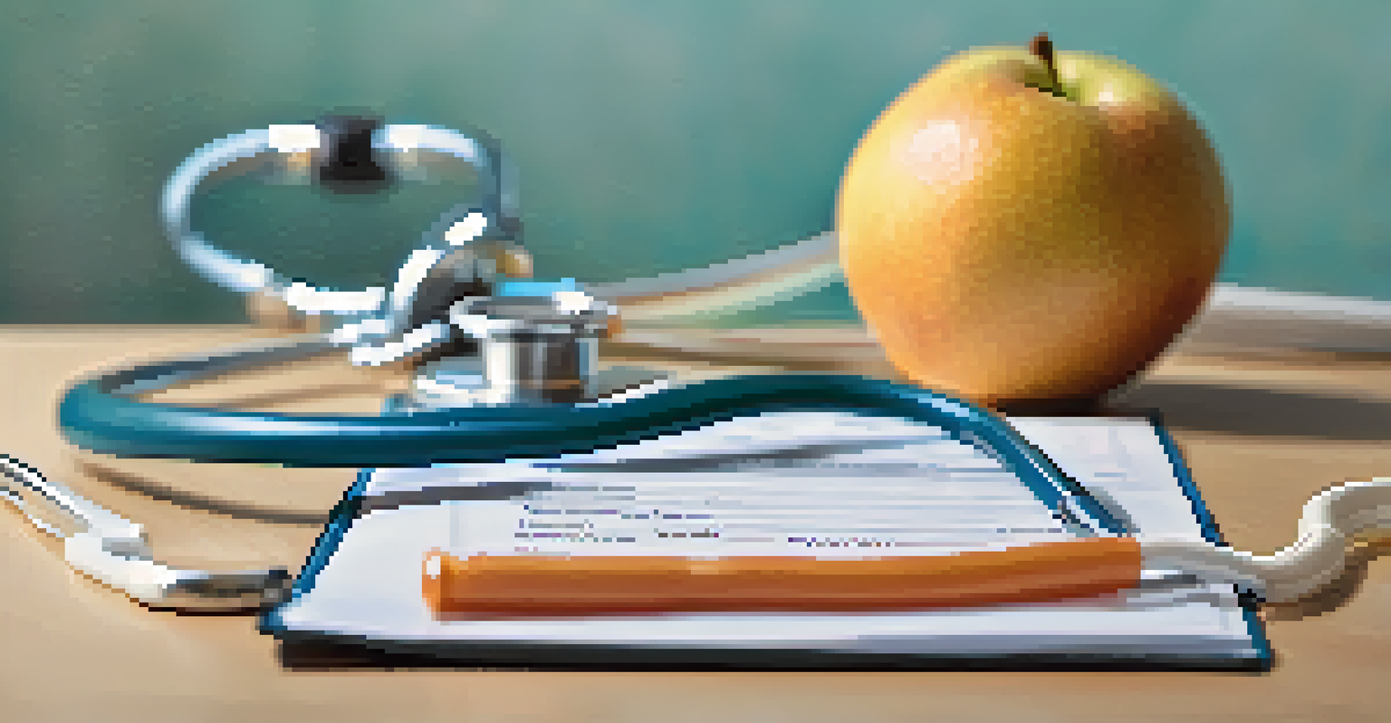 A stethoscope on a clipboard with health forms, surrounded by fruits and a water bottle, against a blurred background.