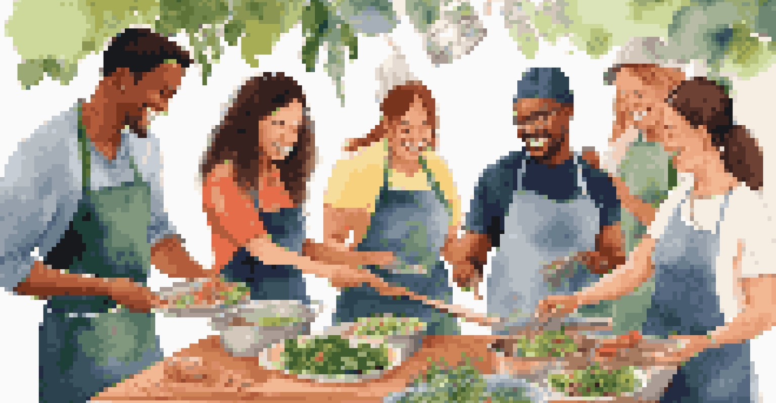 Team members of various backgrounds happily participating in an outdoor cooking class, working with fresh ingredients.