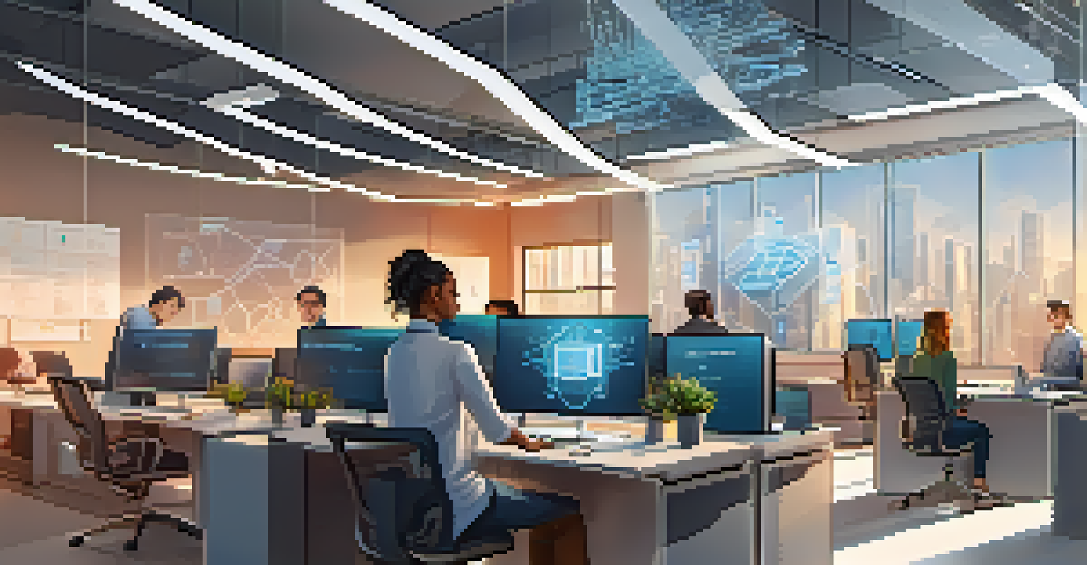 A modern office scene depicting a diverse team working on blockchain technology for cybersecurity, with digital screens showing secure data flow.