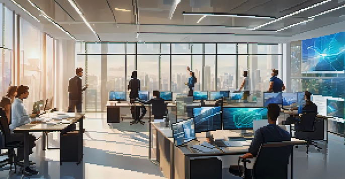 A diverse team in a bright office working on a blockchain project, with digital screens displaying data.