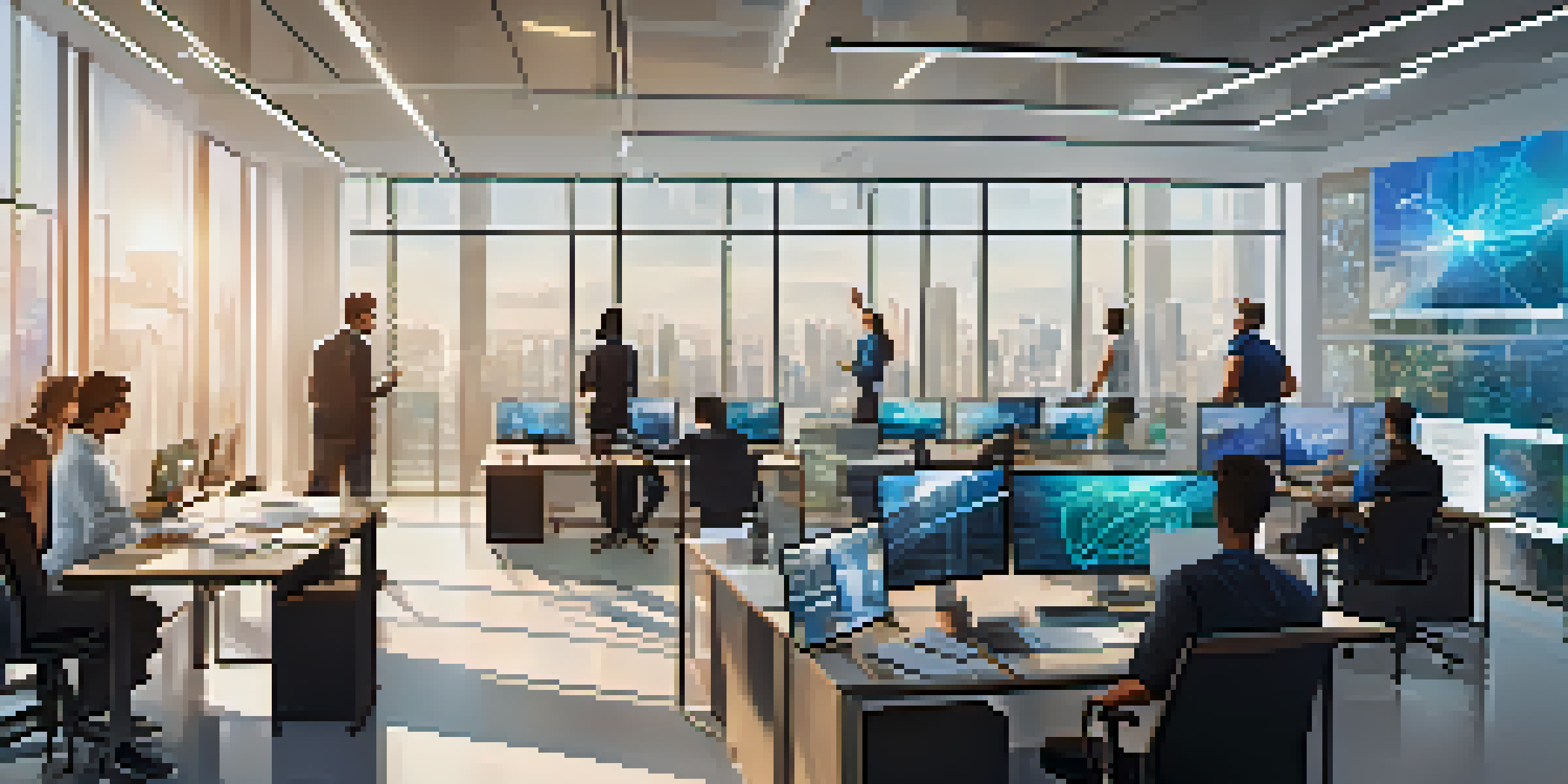 A diverse team in a bright office working on a blockchain project, with digital screens displaying data.