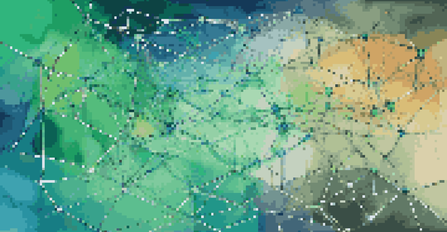 An abstract illustration of a decentralized blockchain network with glowing nodes and connections.