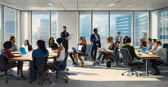 A diverse group of employees participating in a privacy training session in a modern office setting, discussing data protection practices.